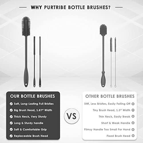 3-in-1 Silicone Bottle Brush and Straw Cleaning Brush Set, Water Bottle Cleaner for Narrow Neck Containers, Tumblers, Flask, Vase and Glassware (Charcoal) - color: Charcoal