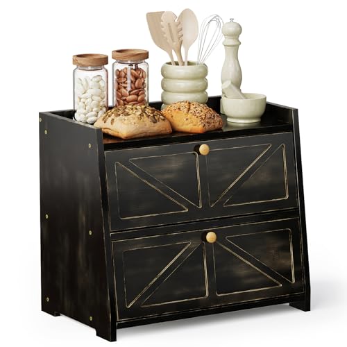 Trironsun Vintage Double Layer Bread Box for Kitchen Counter Bamboo Bread Storage Container Large Capacity Bread Storage Bin (Antique Black) - color: Antique Black