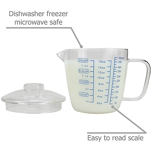 EIKS Glass Measuring Cup with Lid, Easy Grip Handle and V-Shaped Spout, Three Measurement Scale(OZ, Cup, ML), Coffee Milk Frothing Pitcher Latte Maker in Kitchen Restaurant (500ML)