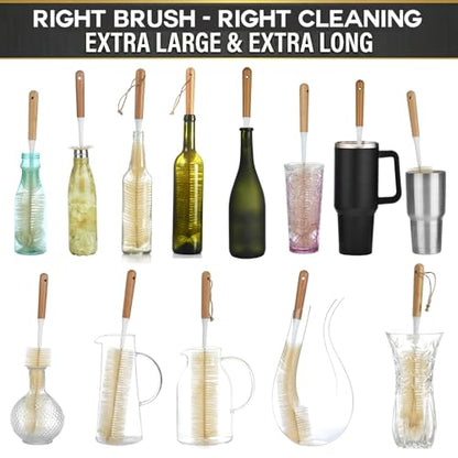 ALINK Extra Large Long Bottle Brush Set - 16" / 15" Long Bamboo Handle Bottle Cleaner for Narrow Neck Beer Wine Bottles, Decanter, Tumblers, Thermos, Jugs with Straw Brush, Kettle Spout/Lid Brush