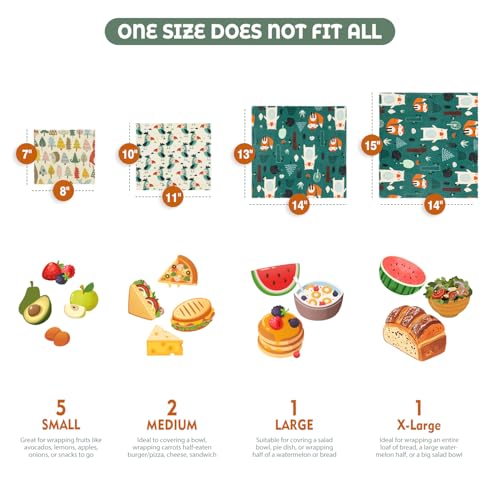 Akeeko Reusable Beeswax Food Wraps - Assorted 9 Packs, Reusable, Plastic-Free Food Storage, 5 Small, 2 Medium, 1 Large, 1 Extra Large Wraps with Forest Animals Pattern