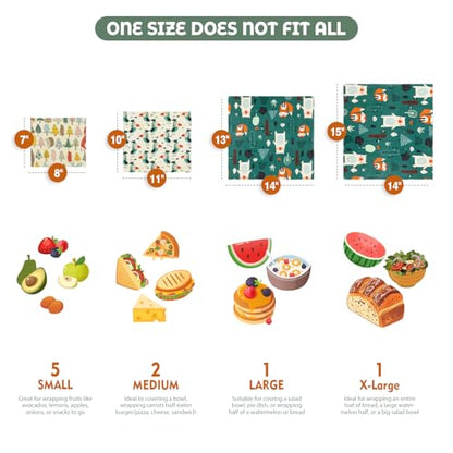 Akeeko Reusable Beeswax Food Wraps - Assorted 9 Packs, Reusable, Plastic-Free Food Storage, 5 Small, 2 Medium, 1 Large, 1 Extra Large Wraps with Forest Animals Pattern