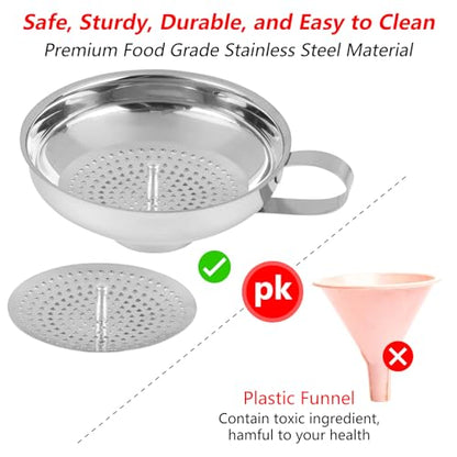 Canning Funnel, Food Grade Stainless Steel Canning Funnel with Strainer, Small Wide Mouth Funnels for Kitchen Use Filling Bottles Mason Jars Canning Supplies Kit Tools, Pack of 2