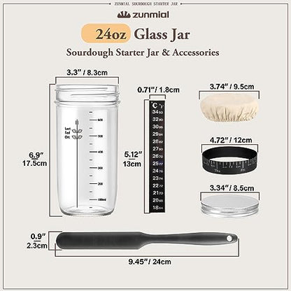 zunmial Sourdough Starter Jar, 24 oz Sourdough Starter Kit with Date Marked Feeding Band, Thermometer, Cloth Cover & Metal Lid, Reusable Sourdough Bread Baking Supplies, Home Baking Supplies