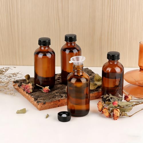 PINIWON 36 Pack 4 oz Amber Glass Bottles, 120ml Boston Round Sample Bottles with Black Poly Cone Caps, Labels, Funnels and Brush - color: Amber-36 pack