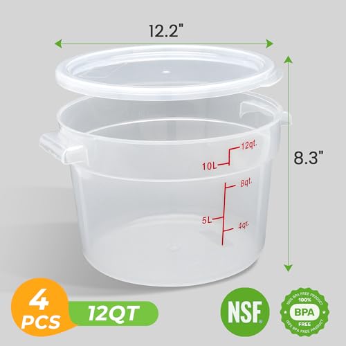 BIEAMA 4 Pack 12 Qt Round Food Storage Containers with Lids, Translucent PP | Include lids, labels, measuring cups and containers with capacity markings for food prep, pantry storage and dough proofing. - color: 12Qt Round-4 Pack