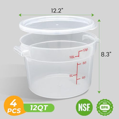 BIEAMA 4 Pack 12 Qt Round Food Storage Containers with Lids, Translucent PP | Include lids, labels, measuring cups and containers with capacity markings for food prep, pantry storage and dough proofing. - color: 12Qt Round-4 Pack