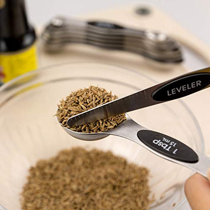 Warmheart Measuring Cups and Magnetic Measuring Spoons Set, Stainless Steel 5 Cups and 7 Spoons and 1 Levele (Black)