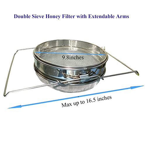 Honey Strainer Double Sieve Stainless Steel for 5 Gallon Bucket | Double sieve honey filter fits 5 gallon buckets, removes wax and debris, with adjustable arms for hands-free harvesting