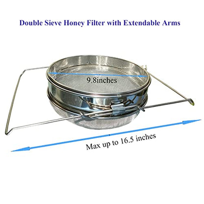 Honey Strainer Double Sieve Stainless Steel for 5 Gallon Bucket | Double sieve honey filter fits 5 gallon buckets, removes wax and debris, with adjustable arms for hands-free harvesting