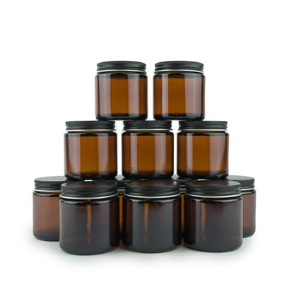Glass Amber 4oz Jar - 12 Packs, Lead-Free Empty Round Jars For Beauty Products, Lotion, and Powders - Black Lid - Small Candle Jars - size: 4oz