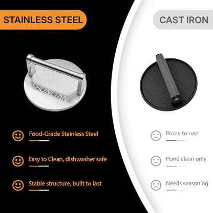 3.1lb Smash Burger Press 6" Stainless Steel Burger Smasher Tool | 1 Year Warranty | Heavy Weight | Dishwasher Safe | Stainless Steel | Solid & Buil To Last | Versatile Kitchen Cooking Press