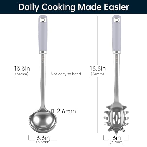 Safring Stainless Steel Soup Ladle and Spaghetti Spoon Set, Heat Resistant Rubber Handle, Dishwasher Safe, Kitchen Utensils for Cooking, Stirring, Serving Pasta, Soup & Sauce (Lavender) - color: Lavender