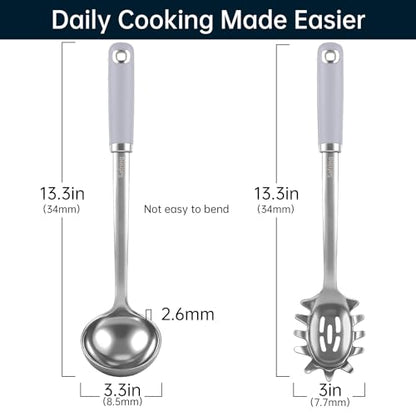 Safring Stainless Steel Soup Ladle and Spaghetti Spoon Set, Heat Resistant Rubber Handle, Dishwasher Safe, Kitchen Utensils for Cooking, Stirring, Serving Pasta, Soup & Sauce (Lavender) - color: Lavender