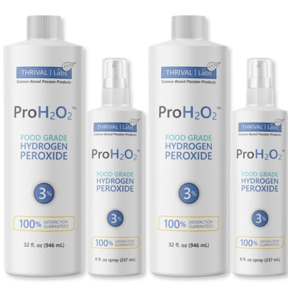 ProH2O2 3% Food Grade Hydrogen Peroxide – Natural Cleaner & Disinfectant – Household Use – For Cleaning, Sanitizing & Gargle – 8 fl oz Spray (Pack of 2) & 32 fl oz Refill (Pack of 2)