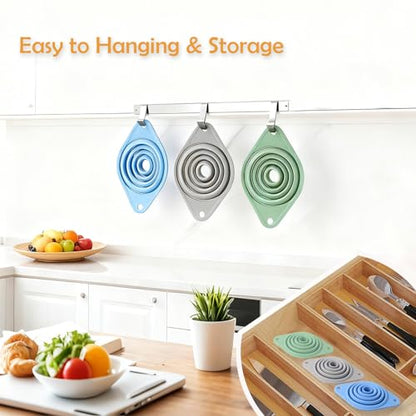 Kitchen Funnel Set 3 Pack, Collapsible Silicone Funnel for Kitchen Use, Small Funnels for Filling Bottle, Transfer Liquid, Oil and Powder, Food Grade Silicone Filter with a Brush