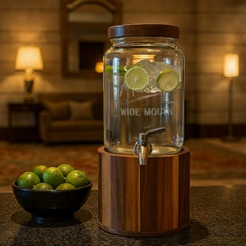 1 Gallon Glass Water & Lemonade Dispenser with Wooden Lid & Stand – Mason Jar Beverage Dispenser with Stainless Steel Spigot, Measurement Marks – Drink Server for Parties, Events, Home Use