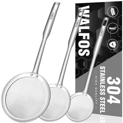 Walfos Fat Skimmer Spoon, 304 Stainless Steel Fat skimmer For Cooking, 3", 4" & 5 inch fine mesh skimmer, Food Strainer Fit For Separation Of The Floating Foam, Fat, Grease, Set of 3 - size: 3 pcs 3+4.1+5.2 inch Skimmer