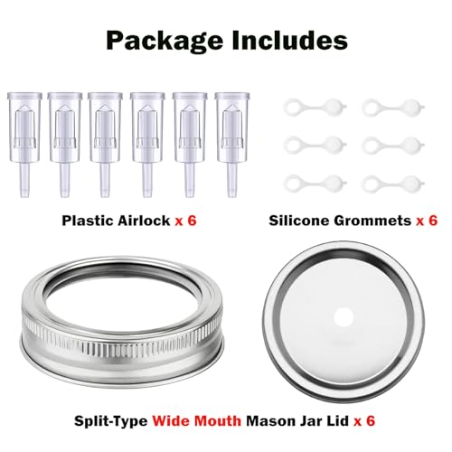 Fermentation Lids,6 Pack Fermentation Kit for Wide Mouth Jars,6 Fermenting Lids with 6 Airlocks,6 Silicone Grommets(Jars Not Included)