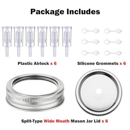 Fermentation Lids,6 Pack Fermentation Kit for Wide Mouth Jars,6 Fermenting Lids with 6 Airlocks,6 Silicone Grommets(Jars Not Included)