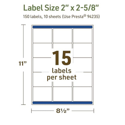 Avery Dissolvable Rectangle Labels, Sure Feed Technology, 2" x 2-5/8", Matte White, Laser/Inkjet Printable, 150 Labels Total, Freezer-Safe, Microwave-Safe, Refrigerator-Safe - style: 150 labels