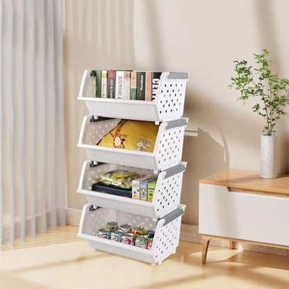 4-Pack Plastic Stackable Storage Baskets, Open Front Kitchen Organizer Basket Bin, White, F