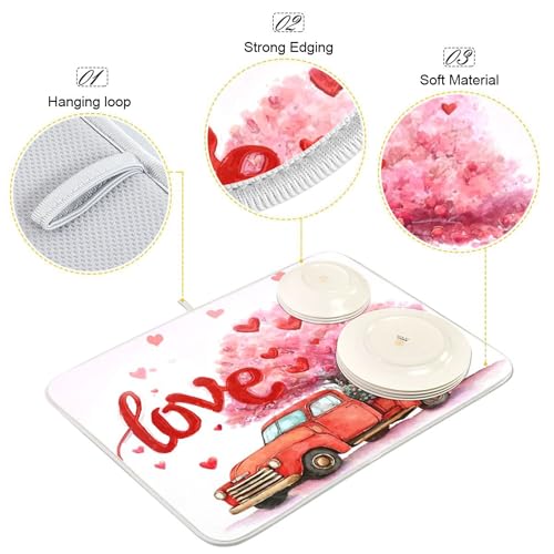 Valentine’s Day Love Tree Dish Drying Mat for Kitchen Countertop 18x24 Happy Valentines Day Gnomes White Large Drying Mat Reusable Quick Dry Dish Sink Mats Easy Clean Decorative Essentials - size: 18x24(in)x1