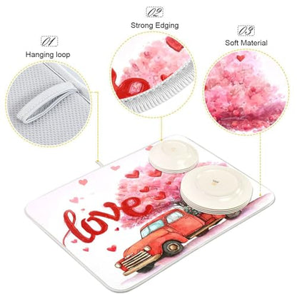 Valentine’s Day Love Tree Dish Drying Mat for Kitchen Countertop 16x18 Happy Valentines Day Gnomes White Small Drying Mat Reusable Quick Dry Dish Sink Mats Easy Clean Decorative Essentials - size: 16x18(in)x1