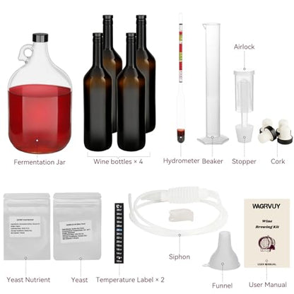 Wine Making Kit Home Brewing - Complete Grape Juice Brew Starter Set for Beginners, 1 Gallon Glass Fermentation Jar with 4 Bottles, Yeast & Nutrients, Siphon, Airlock and Step-By-Step Guide