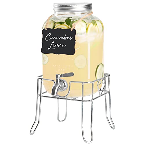 Ilyapa Outdoor Glass Beverage Dispenser with Sturdy Metal Base, Stainless Steel Spigot & Hanging Chalkboard - 1 Gallon Drink Dispenser