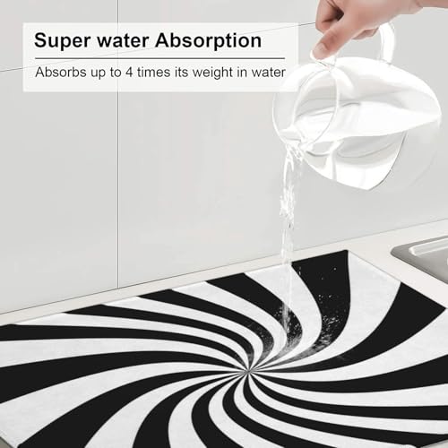 Black White Dish Drying Mat Funny Swirl Stripes Modern Classic Geometric Drying Rack Pad Countertop Dishes Ultra Absorbent Microfiber Kitchen Counter Mat 18x24 Inch - color: Black White