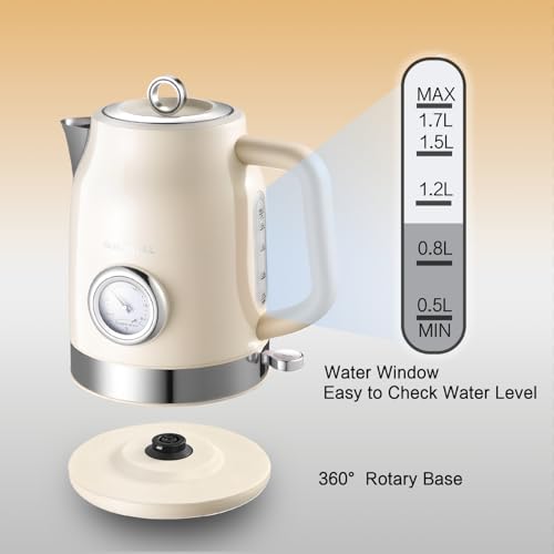 Retro Electric Kettle, 1.7L 304 Stainless Steel Tea Kettle with Temperature Gauge, 1500W Fast Boiling Water Boiler,Auto Shut-Off & Boil-Dry Protection, BPA-Free, Beige - color: Beige