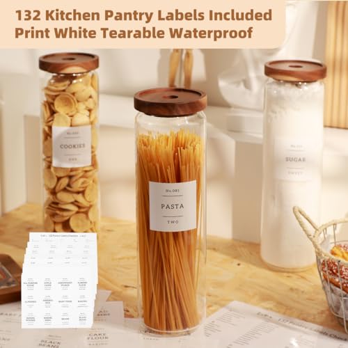 3 Pack Glass Canisters with Airtight Acacia Lids and 132 Kitchen Pantey Labels Preprint - 51 Fl Oz Borosilicate Glass Pantry Storage Jars Containers with Wooden Lids for Pasta,Spaghetti,Cereal,Noodles - size: 51oz-3 Pack
