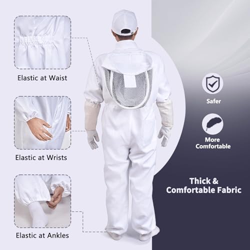 KAGZ Professional Bee Suit with Adjustable Cap and Goatskin Gloves, Full Body Sting Proof Beekeeping Suit for Men and Women, Protective Beekeeper Gear with Ventilated Veil Hood, XXL - size: XX-Large