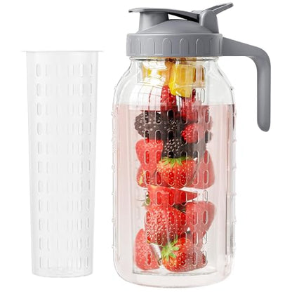 JunVpic Glass Mason Jar Pitcher, 64oz (2 Quart) Wide Mouth Jug with Dual Leak-Proof Pour Spout, Handle Lid for Fruit Drinks, Cold Brew Coffee, Ice Beverage, Iced Juice, Lemonade, Sun Tea Container - color: Light Gray, size: 64 Ounces
