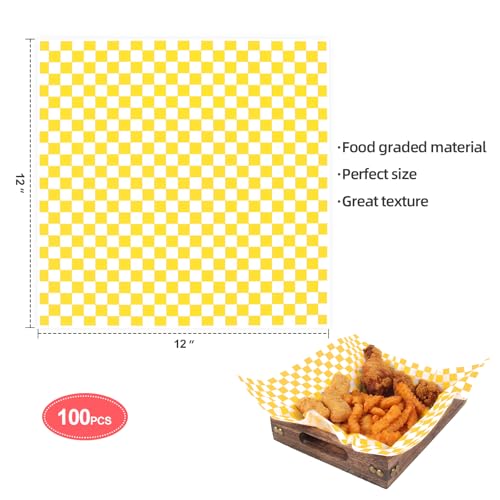 100pcs Deli Paper Sheets 12x12", Premium Food Basket Liners, Grease Resistant Wax Paper Sheets for Food, Classic Checkered Sandwich Wrapping Paper (Yellow & White) - color: Yellow & White