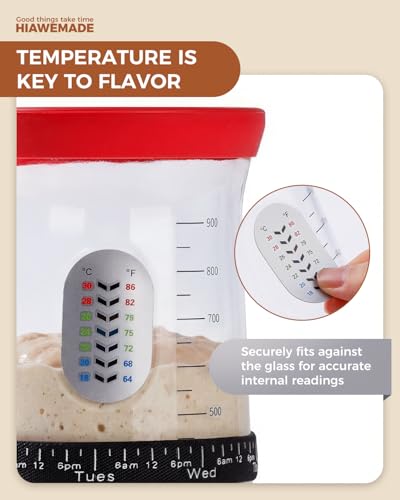 40oz Sourdough Starter Jar with Feeding Tracker – Thickened Clear Glass Fermentation Jar (1.2L) w/Date Marked Band, Thermometer Strip, Cloth Cover & Spatula – Sourdough Kit for Home Bakers