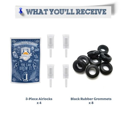 Fermentaholics Airlocks With Grommets Set – 4 Airlocks and 8 Grommets for Homemade Wine, Beer, Cider, Kimchi, Sauerkraut – Preserving, Brewing, Fermenting - size: 3-Piece Airlocks With Grommets Set