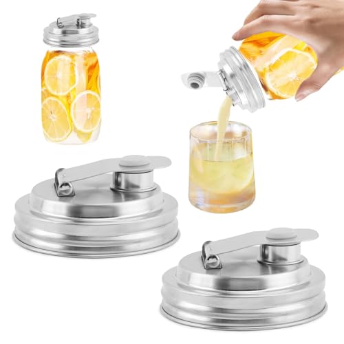 Mason Jar Pour Spout Lid Stainless Steel, 2 Pack Wide Mouth Mason Jars Lids, Anticracking Ball Wide Mouth Lid, Canning Lids for Drinking, Salad Dressing(2 Pcs)