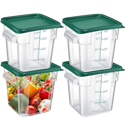 Maxcheck 4 Pcs 4qt Food Storage Container with Lids Bulk Clear Plastic Commercial Food Storage Bins with Scale Handle Space Saving Restaurant Tubs for Kitchen Prep Proof Dough(Green) - color: Green