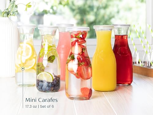 Glass Carafe Pitchers, by Kook, Mini Carafes- set of 6, Beverage Dispensers, Clear Jugs For Mimosas, Water, Wine, Milk and Juice, with Plastic Lids, Dishwasher Safe 17.3 oz - color: Set of 6, 17 oz (Mini)