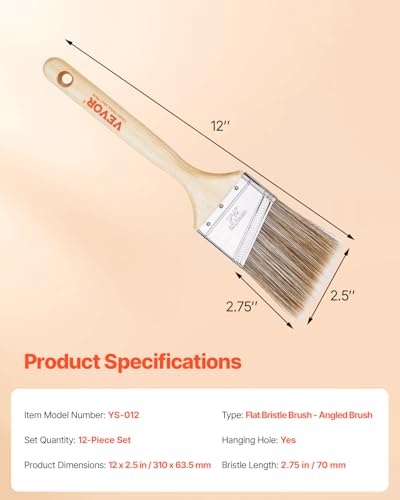 VEVOR Paint Brushes, 12 Piece Angle Paint Brush, Treated Wood Handle, Paint Brush Set for All Latex and Oil Paints & Stains, Wood Stain Brushes for Cabinets, Walls, Fences, Interior & Exterior Use - size: 12 PCS, style: Paint Brush