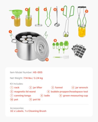 VEVOR Canning Supplies Starter Kit, 11 Pieces Stainless Steel Water Bath Canning Kit for Beginners, Canning Tools Set: Pot, Rack, Lid, Ladle, Funnel, Tongs, Jar Lifter, Wrench, Measuring Cup - size: 11PCS