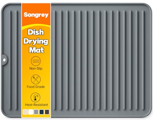 Songrey 16" x 12" Silicone Dish Drying Mat, Kitchen Counter Drying Pad for Sink Dishes or Under Rack, Multi-Use as Heat Resistant Trivet, Coffee Bar Mat - color: Dark Gray, size: 16" x 12"