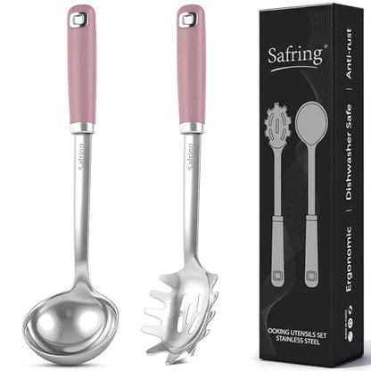 Safring Stainless Steel Soup Ladle and Spaghetti Spoon Set, Heat Resistant Rubber Handle, Dishwasher Safe, Kitchen Utensils for Cooking, Stirring, Serving Pasta, Soup & Sauce (Pink) - color: Pink