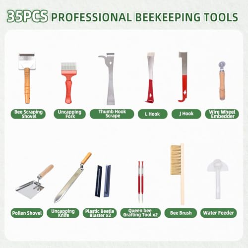 POLLIBEE 35Pcs Beekeeping Supplies Starter Kit with Bee Suit,Smoker & Frame Holder, Complete Bee Hive Tools Set with Oxford Bag for Beginner Beekeepers Men Women (XXL)