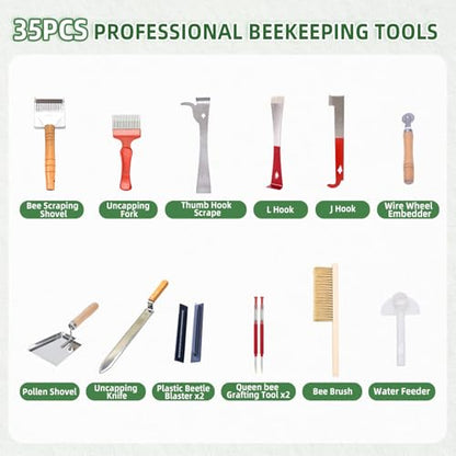 POLLIBEE 35Pcs Beekeeping Supplies Starter Kit with Bee Suit,Smoker & Frame Holder, Complete Bee Hive Tools Set with Oxford Bag for Beginner Beekeepers Men Women (XXL)