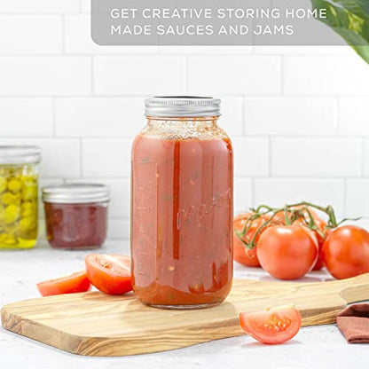 32 Oz Mason Jars With Lids, Labels and Measures! 6-Pack Wide Mouth Mason Jars, Glass Jar with Lid and Band. Airtight Canning Jars, Overnight Oats Jars, Salad Jars, Sourdough Starter Jar