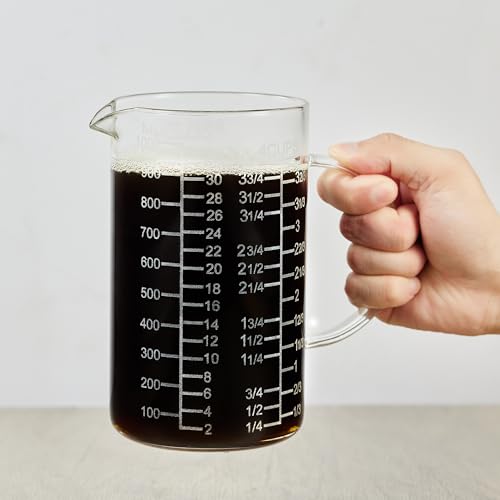 Ackers Mirror Etching Scale Glass Measuring Cup-[Insulated handle | V-Shaped Spout]-Made of High Borosilicate Glass Measuring Cup for Kitchen or Restaurant, Easy to Read, 1000 ML (32 Oz, 4 Cup) - size: 1000 ML (32 Oz, 4 Cup) - Mirror Etching
