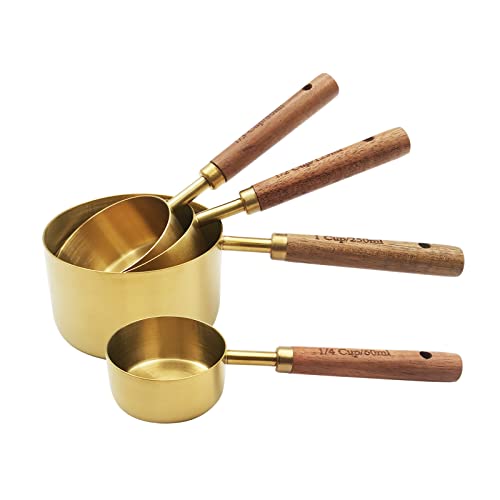 Gold Measuring Cups and Spoons Set with Fragrant Wood Handle, Measuring Cups, Metal Measuring Spoons and Measuring Cup Set for Cooking & Baking, Set of 8 pcs - color: Gold/Wooden Handle